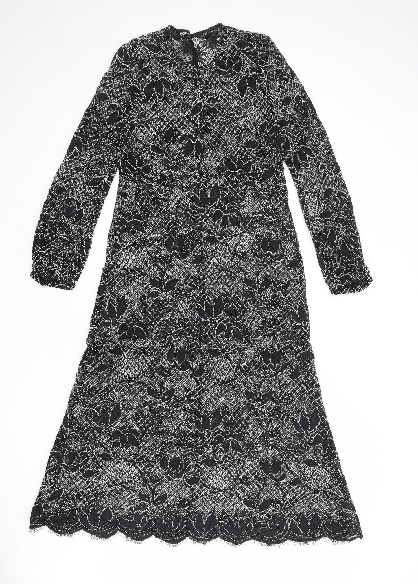 Zara Womens Black Floral Polyester A-Line Size S Round Neck Button