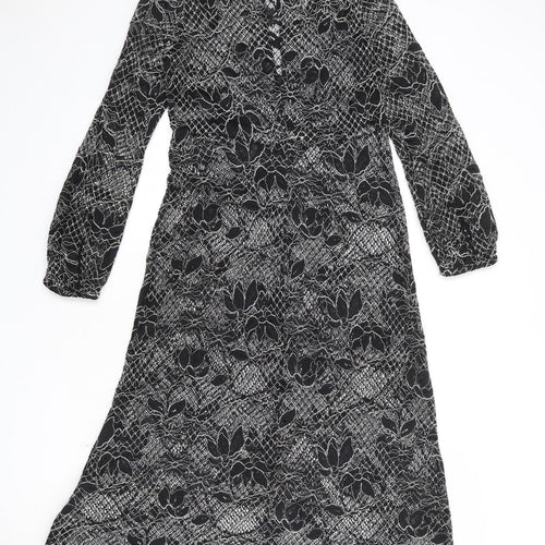 Zara Womens Black Floral Polyester A-Line Size S Round Neck Button
