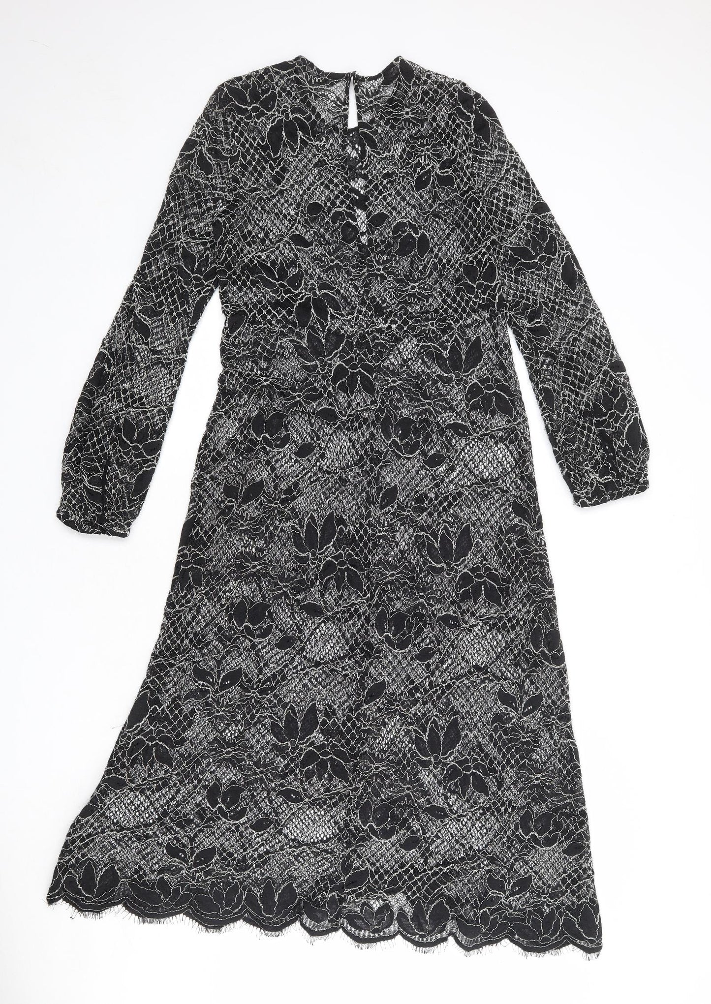 Zara Womens Black Floral Polyester A-Line Size S Round Neck Button