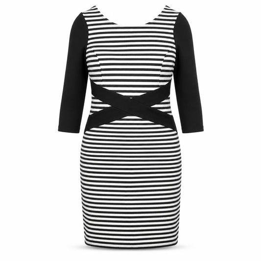 Front view of Philosophy Blues women’s black striped polyester a-line, size M, round neck zip