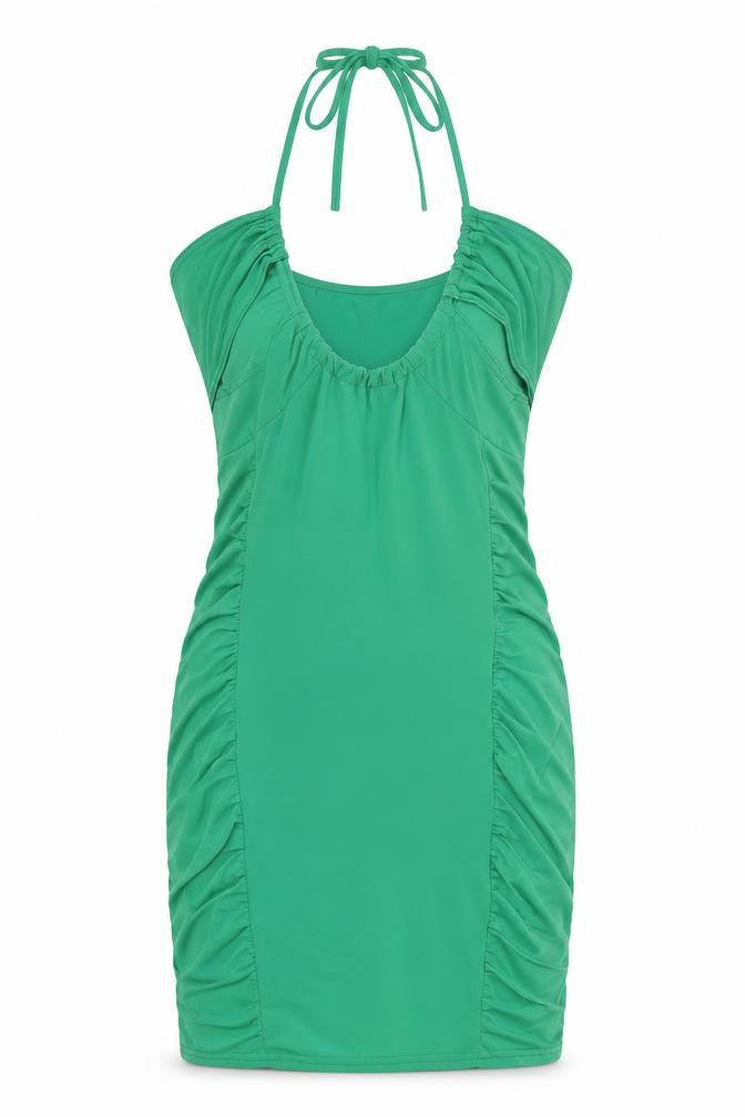 Front view of PRETTYLITTLETHING women’s green polyester bodycon, size UK 8, halter tie