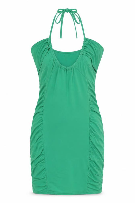 Front view of PRETTYLITTLETHING women’s green polyester bodycon, size UK 8, halter tie