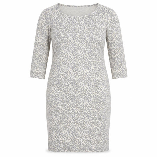 Front view of Dorothy Perkins women’s grey animal print polyester bodycon, size UK 12, round neck pullover - leopard pattern