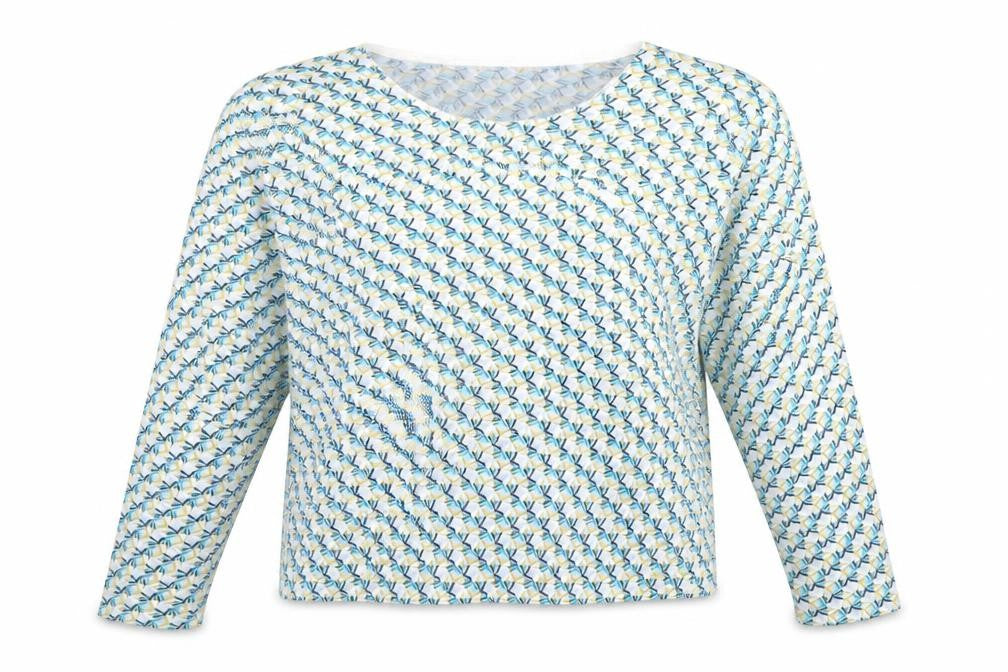 Front view of Monoprix women’s multicoloured round neck geometric 100% cotton jumper, size M