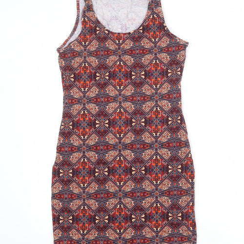 New Look Womens Multicoloured Geometric Cotton Bodycon Size 10 Scoop Neck Pullover