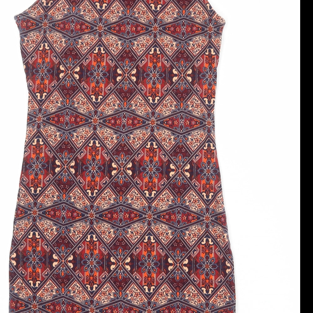 New Look Womens Multicoloured Geometric Cotton Bodycon Size 10 Scoop Neck Pullover