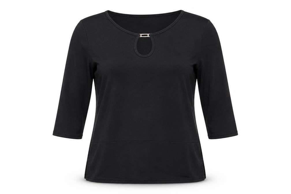 Front view of Sara women’s black polyester basic t-shirt, size UK 10, boat neck -, size UK 10-12