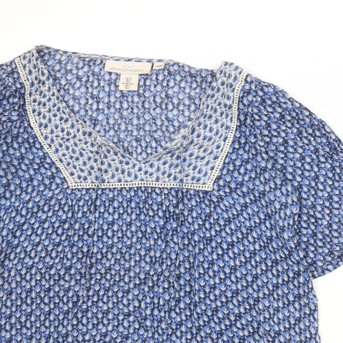 H&M Womens Blue Geometric 100% Cotton Basic T-Shirt Size 10 Boat Neck