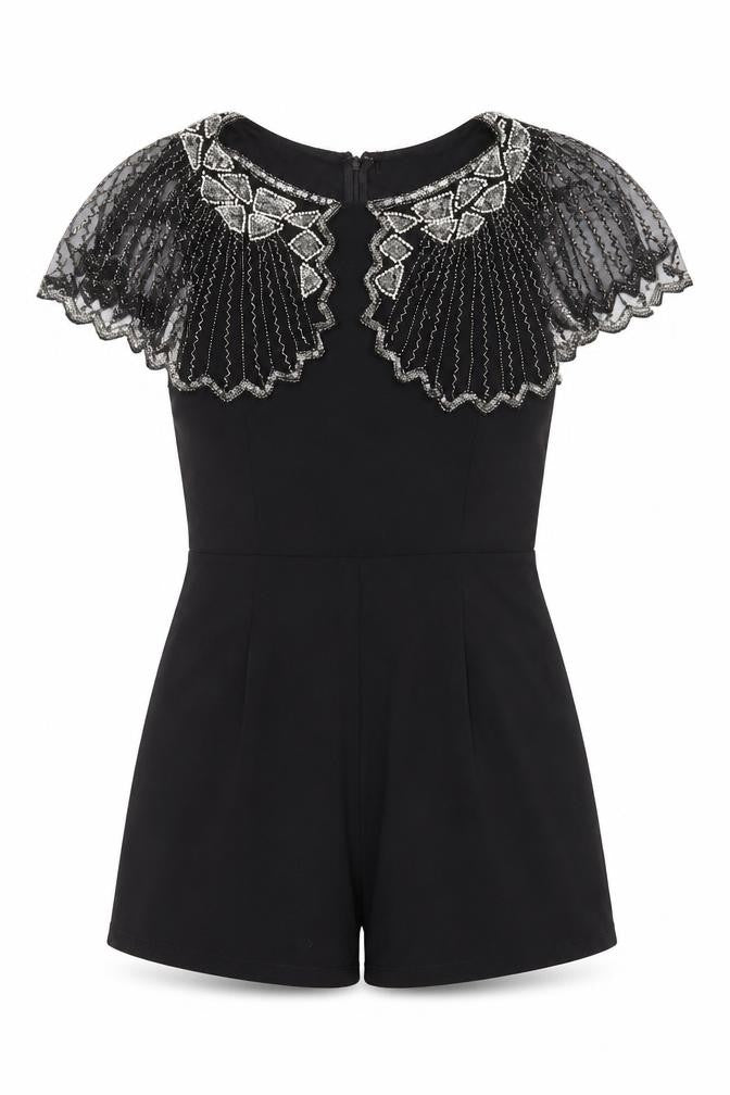 Front view of TFNC women’s black polyester playsuit one-piece, size M, zip