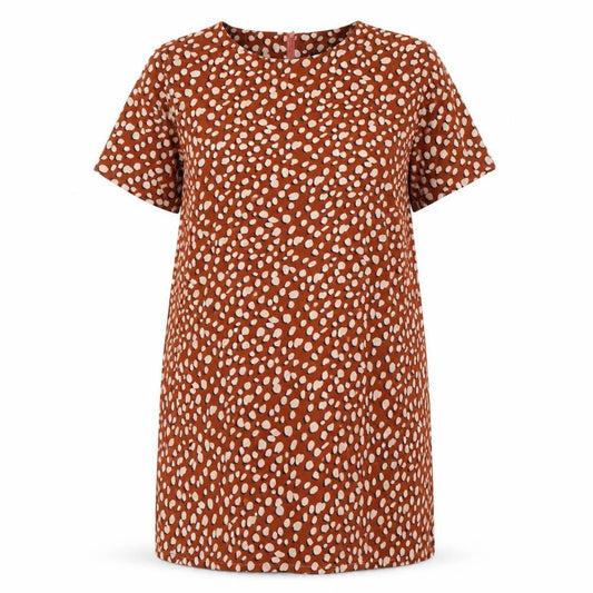 Front view of Boohoo women’s brown floral polyester a-line, size UK 12, round neck zip