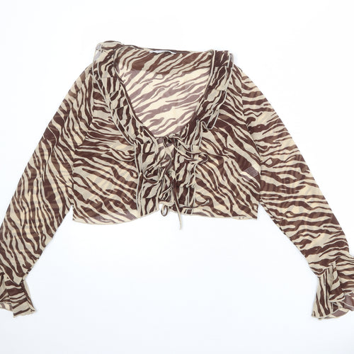Stradivarius Womens Beige Animal Print Polyester Cropped Blouse Size M Round Neck - Tiger print