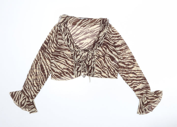 Stradivarius Womens Beige Animal Print Polyester Cropped Blouse Size M Round Neck - Tiger print