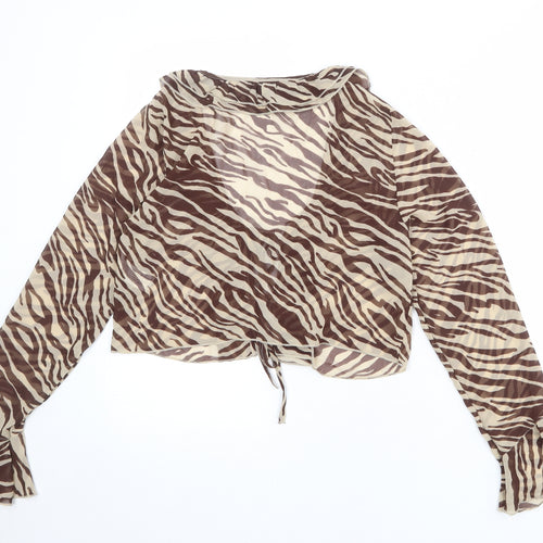 Stradivarius Womens Beige Animal Print Polyester Cropped Blouse Size M Round Neck - Tiger print