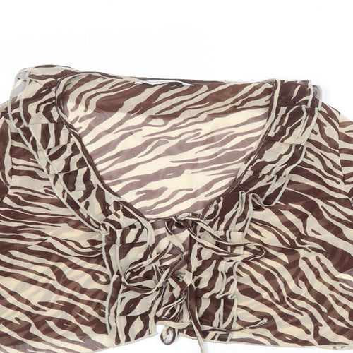 Stradivarius Womens Beige Animal Print Polyester Cropped Blouse Size M Round Neck - Tiger print