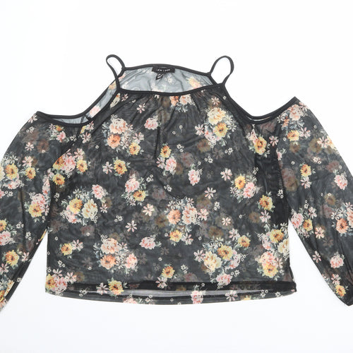 New Look Womens Black Floral Polyester Basic Blouse Size 12 Square Neck - Cold Shoulder