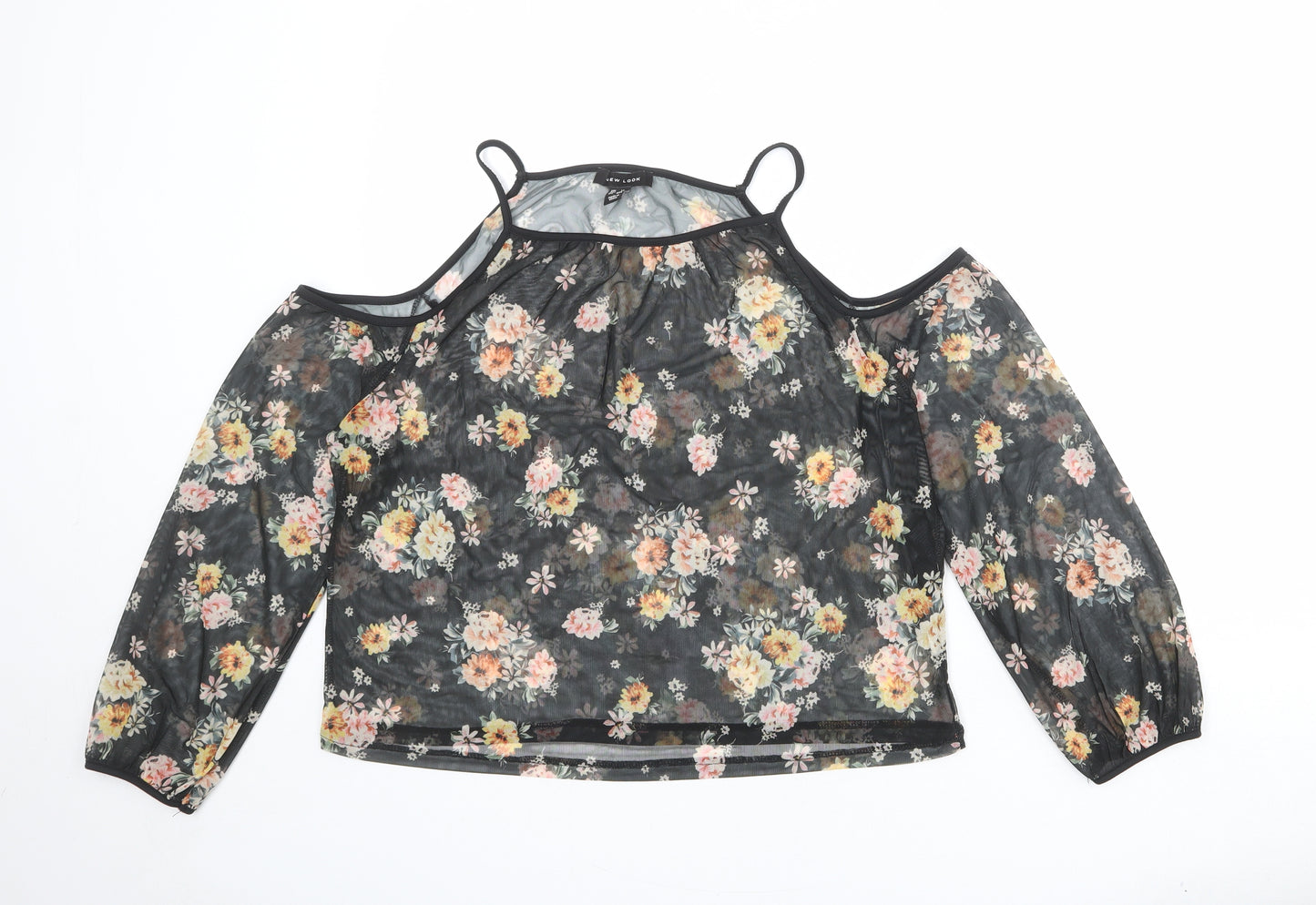 New Look Womens Black Floral Polyester Basic Blouse Size 12 Square Neck - Cold Shoulder