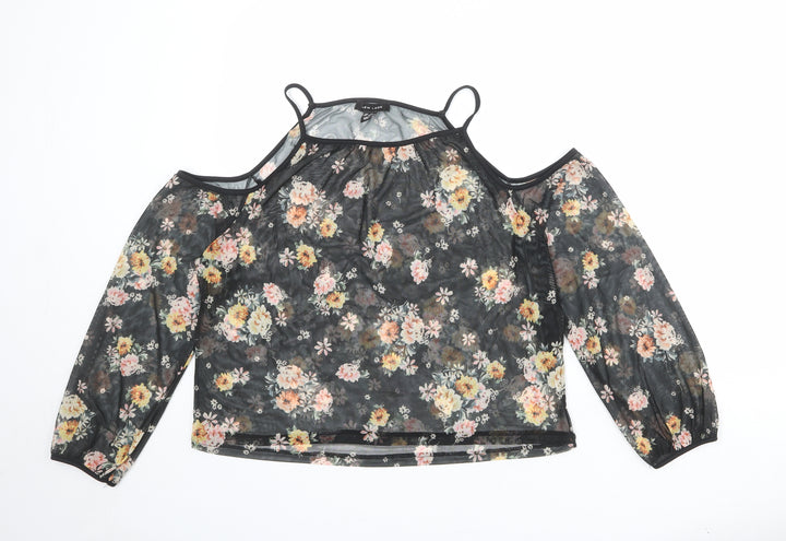 New Look Womens Black Floral Polyester Basic Blouse Size 12 Square Neck - Cold Shoulder