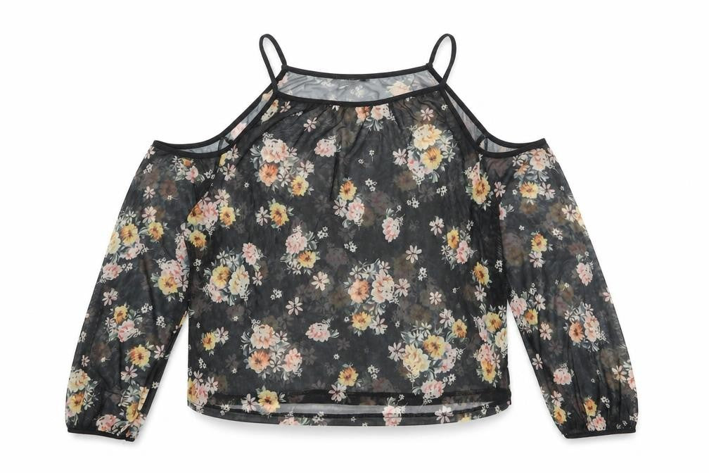 Front view of New Look women’s black floral polyester basic blouse, size UK 12, square neck - cold shoulder