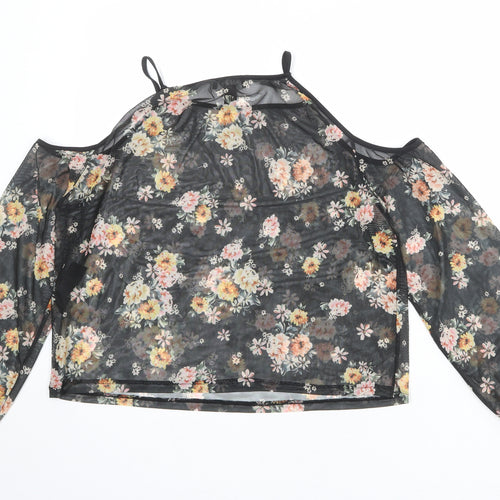 New Look Womens Black Floral Polyester Basic Blouse Size 12 Square Neck - Cold Shoulder