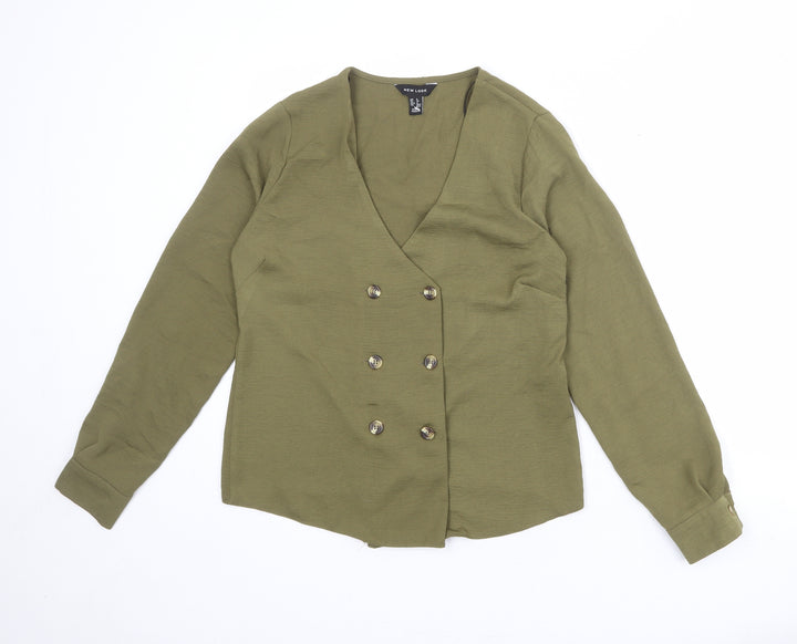 New Look Womens Green Polyester Basic Button-Up Size 8 V-Neck