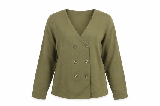 Front view of New Look women’s green polyester basic button-up, size UK 8, v-neck