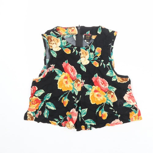 POP Womens Black Floral Viscose Cropped Blouse Size S Boat Neck
