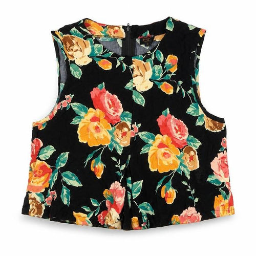 POP Womens Black Floral Viscose Cropped Blouse Size S Boat Neck
