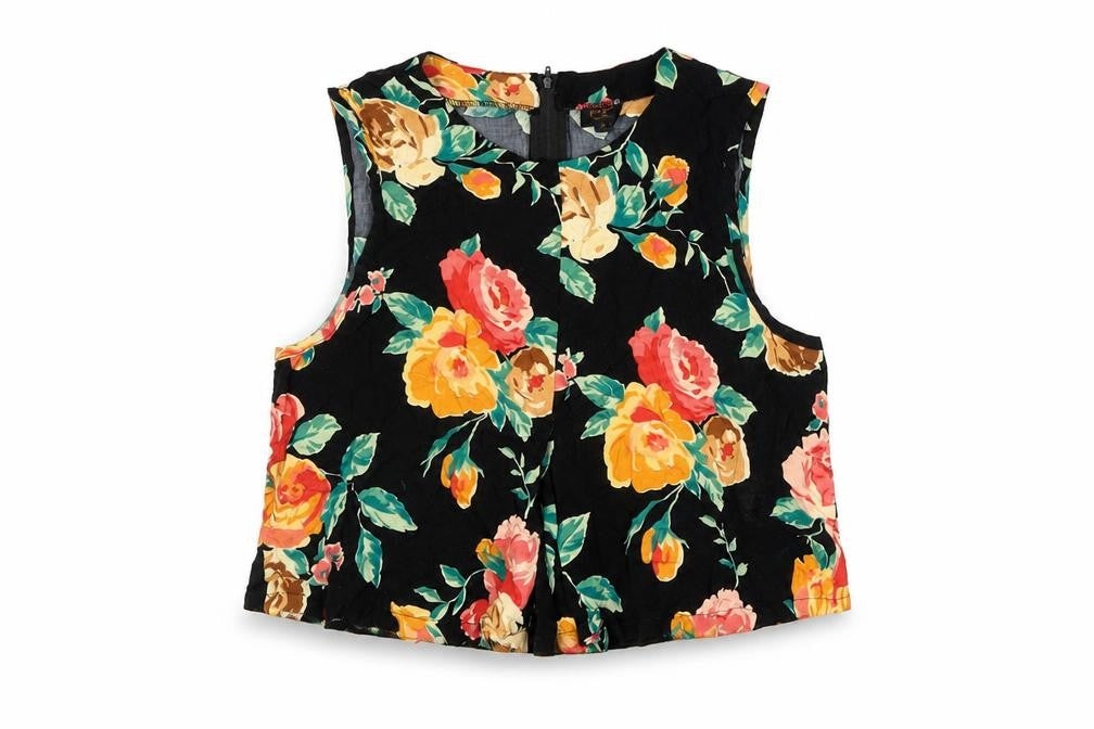 POP Womens Black Floral Viscose Cropped Blouse Size S Boat Neck