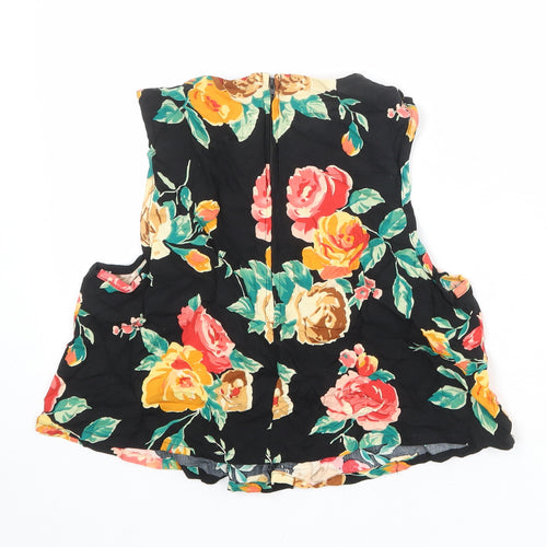 POP Womens Black Floral Viscose Cropped Blouse Size S Boat Neck