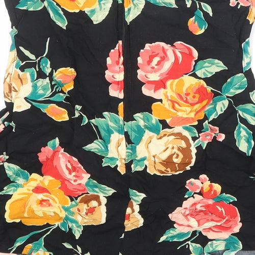 POP Womens Black Floral Viscose Cropped Blouse Size S Boat Neck