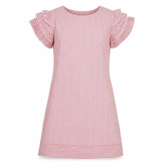 Front view of Misstorious women’s red striped polyester a-line, size M, round neck zip -, size M-l
