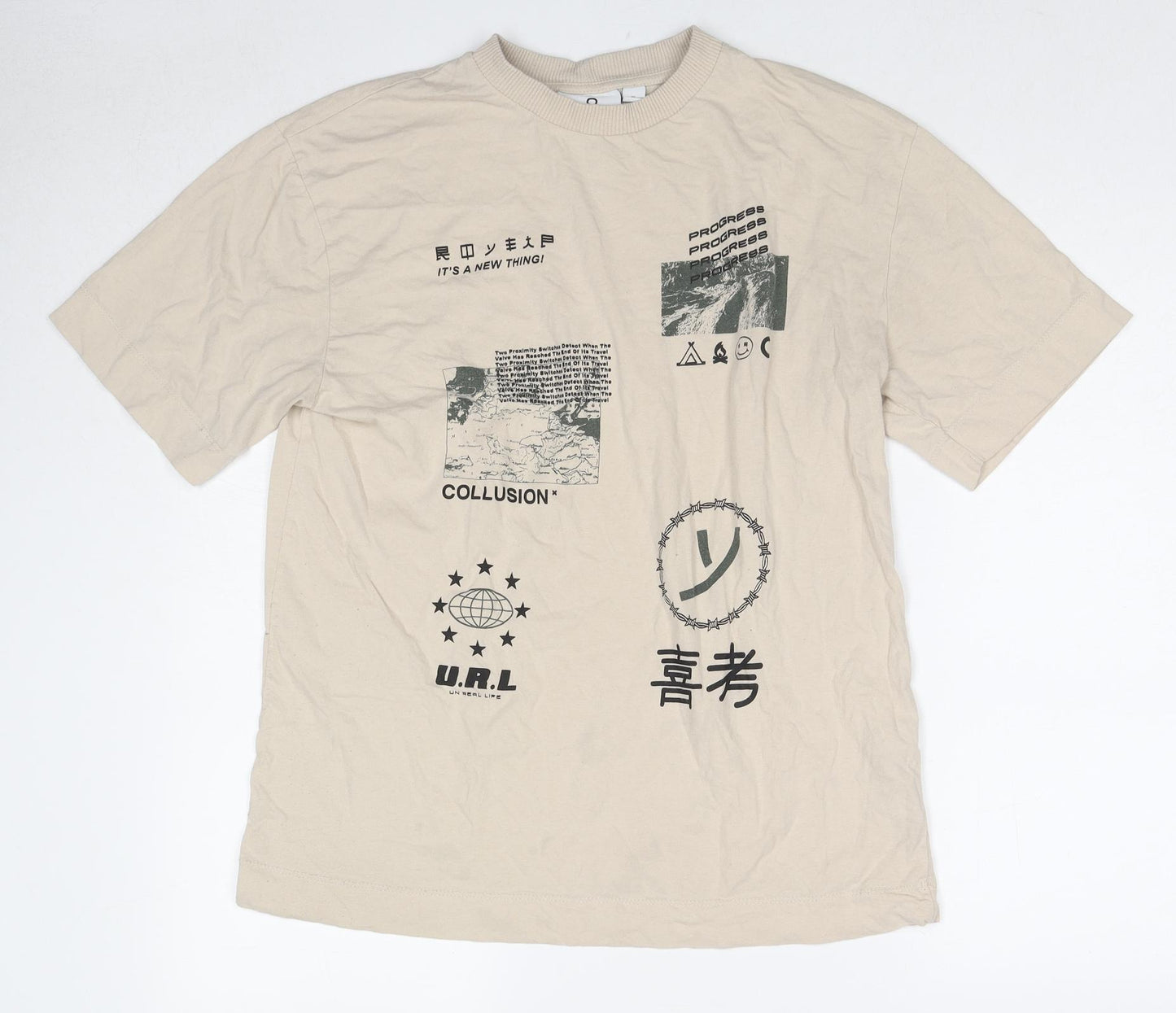 COLLUSION Mens Beige Cotton T-Shirt Size S Round Neck