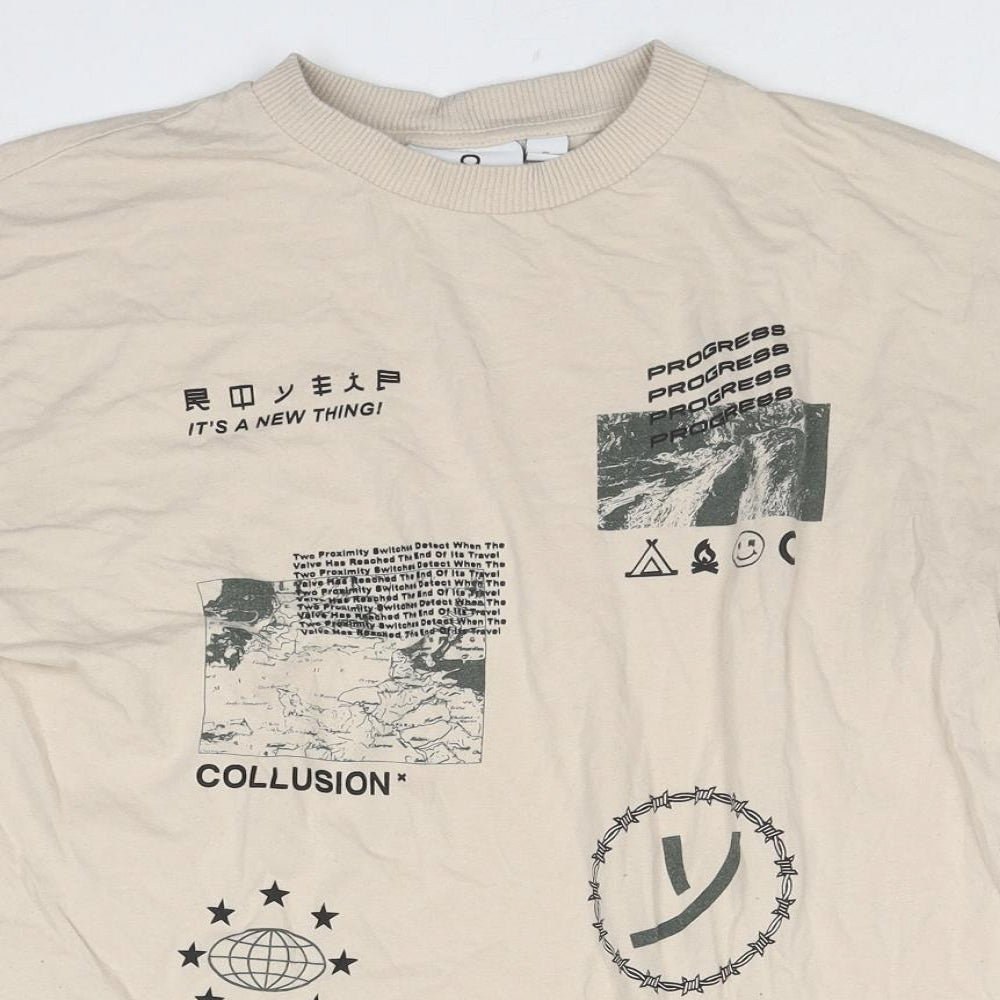 COLLUSION Mens Beige Cotton T-Shirt Size S Round Neck