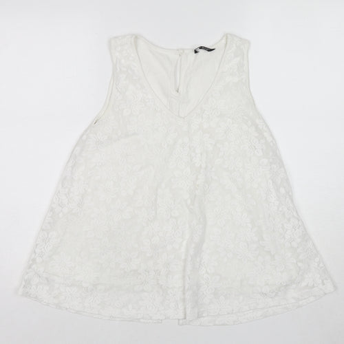 Select Womens White Floral Viscose Basic Tank Size 12 V-Neck