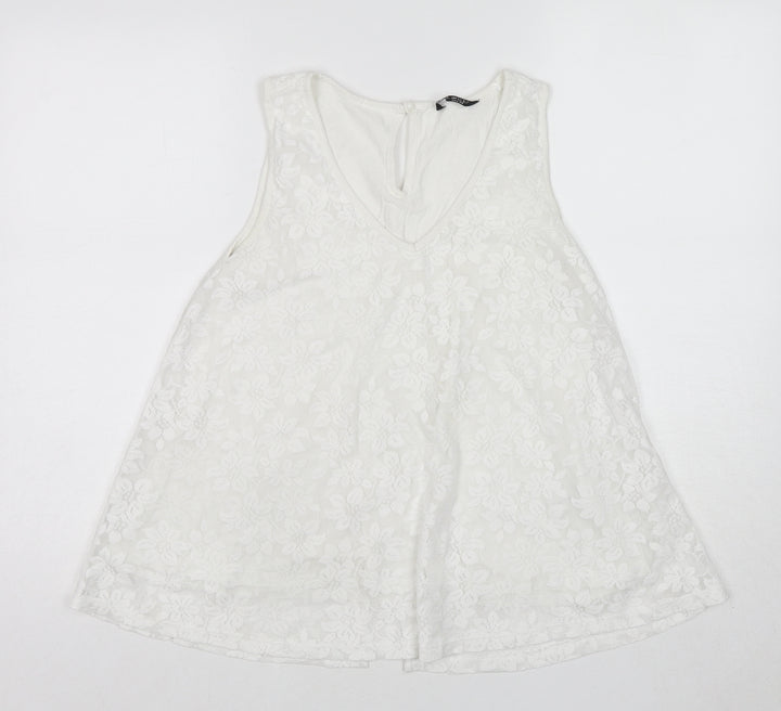 Select Womens White Floral Viscose Basic Tank Size 12 V-Neck