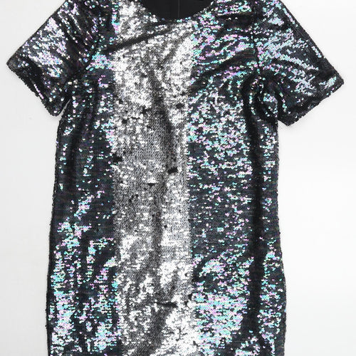 Glamorous Womens Black Polyester A-Line Size S Round Neck Zip - Reversible sequin
