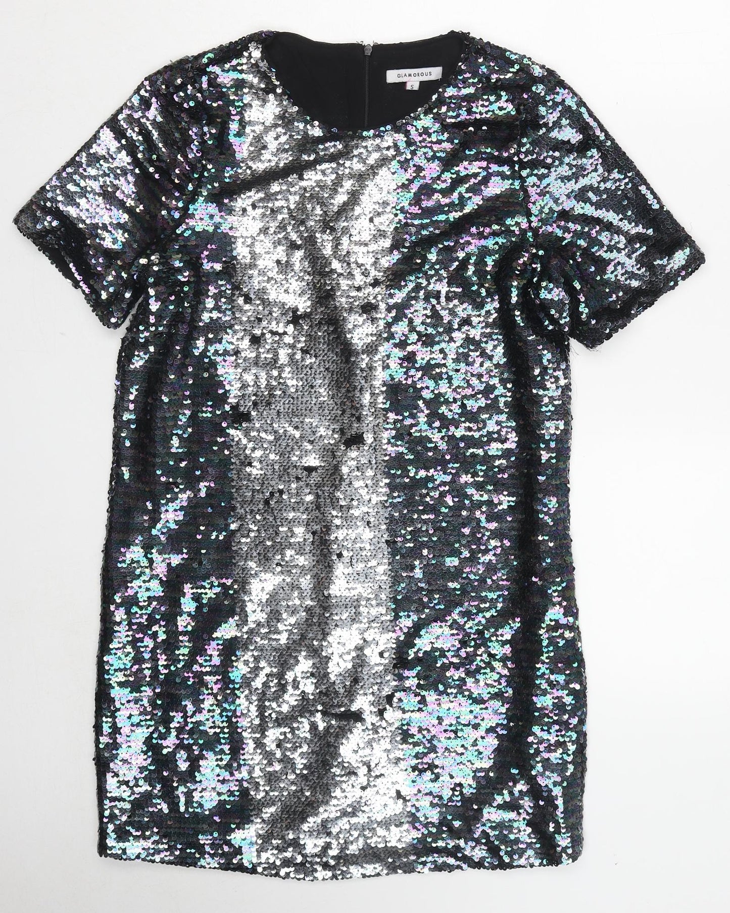 Glamorous Womens Black Polyester A-Line Size S Round Neck Zip - Reversible sequin