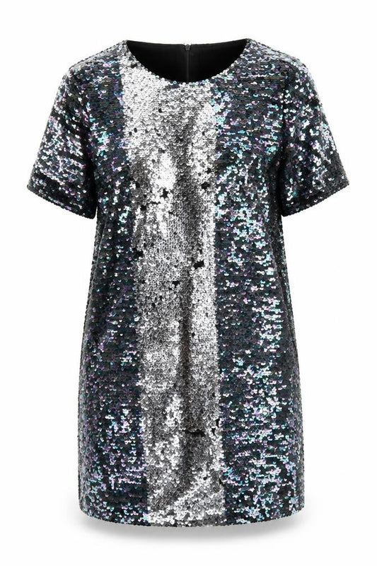 Front view of Glamorous women’s black polyester a-line, size S, round neck zip - reversible sequin