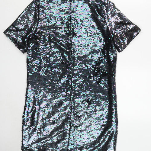 Glamorous Womens Black Polyester A-Line Size S Round Neck Zip - Reversible sequin