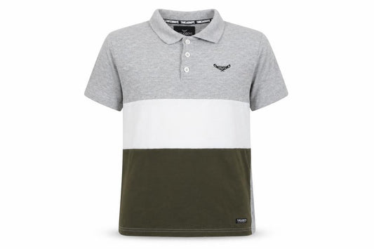 Front view of Threaboys boys’ grey colourblock cotton basic polo, size 9-10, years collared pullover