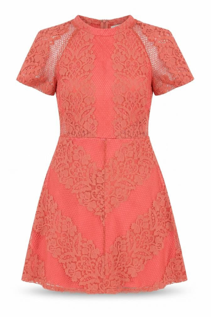Front view of Glamorous women’s pink geometric polyester fit & flare, size S, round neck zip