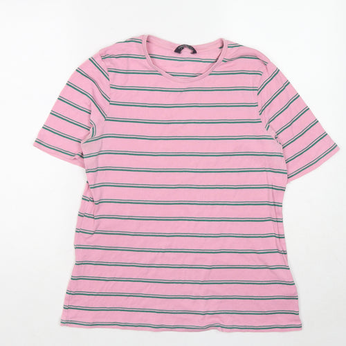 Marks and Spencer Womens Pink Striped Cotton Basic T-Shirt Size 18 Round Neck