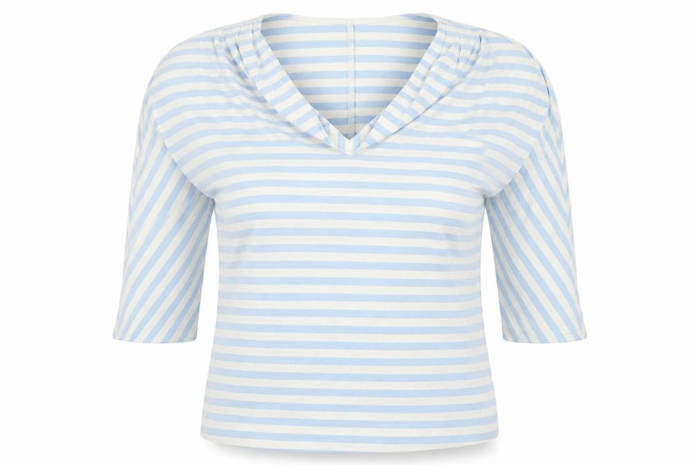 Front view of Phase Eight women’s blue striped viscose basic t-shirt, size UK 12, cowl neck