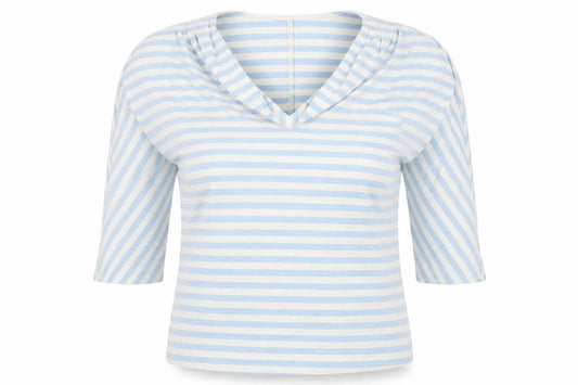Front view of Phase Eight women’s blue striped viscose basic t-shirt, size UK 12, cowl neck