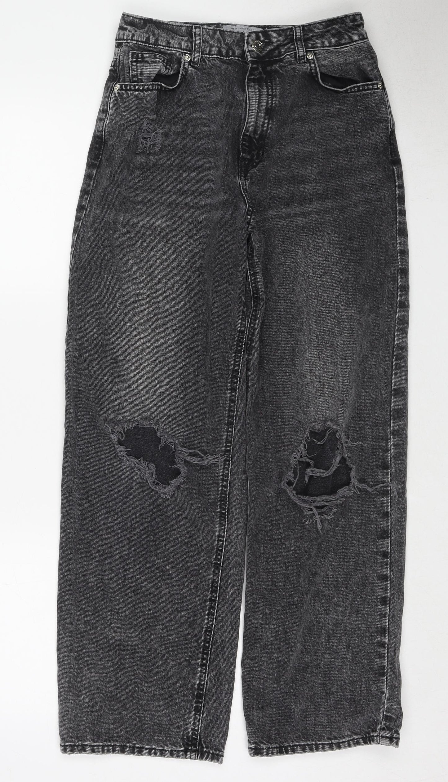 New Look Girls Grey Cotton Wide-Leg Jeans Size 13 Years Regular Zip - Distressed