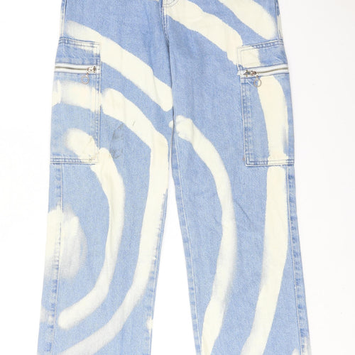 Boohoo Womens Blue Geometric Cotton Straight Jeans Size 10 Regular Zip