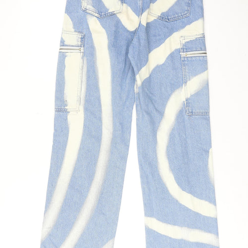 Boohoo Womens Blue Geometric Cotton Straight Jeans Size 10 Regular Zip