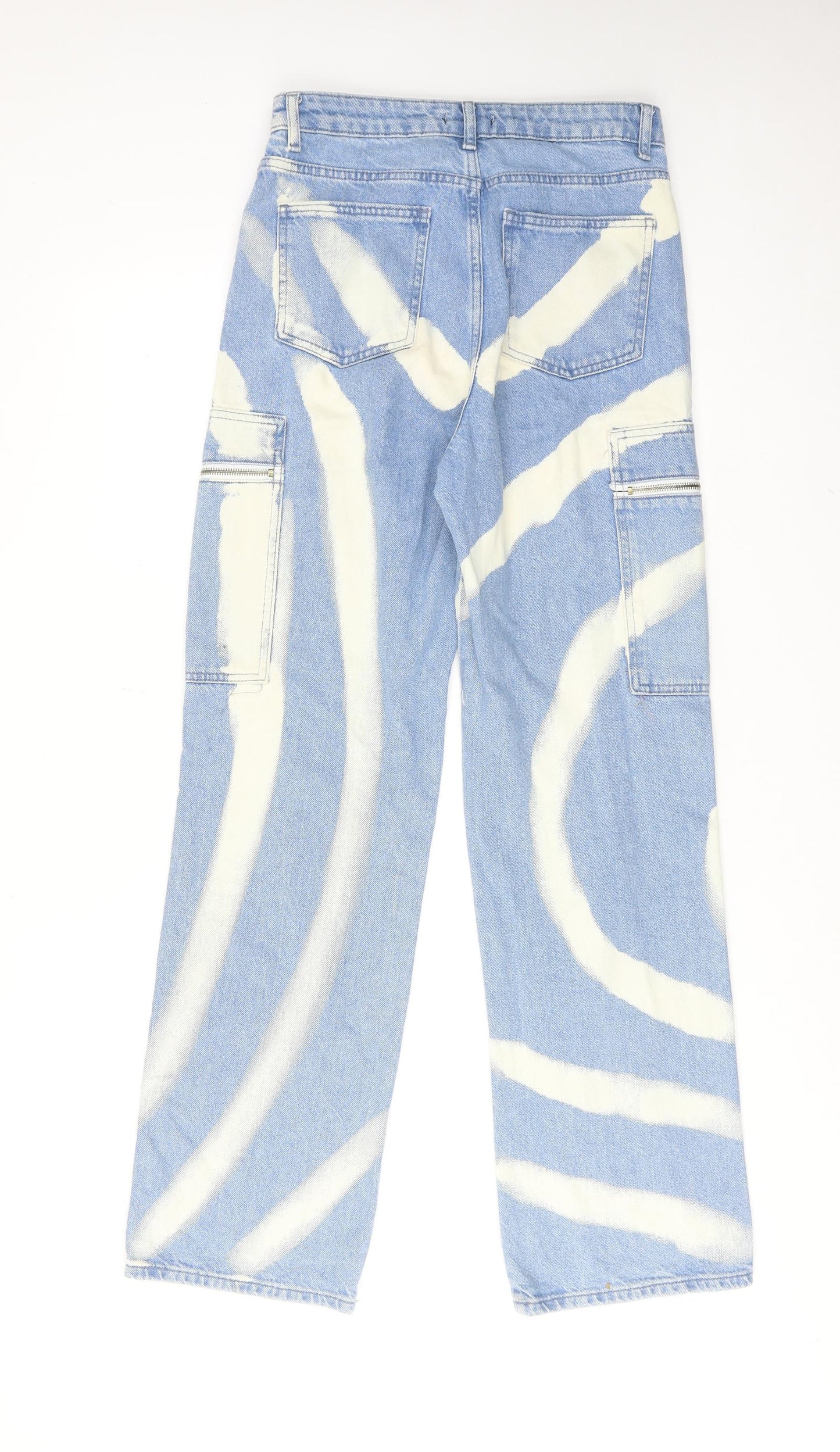 Boohoo Womens Blue Geometric Cotton Straight Jeans Size 10 Regular Zip