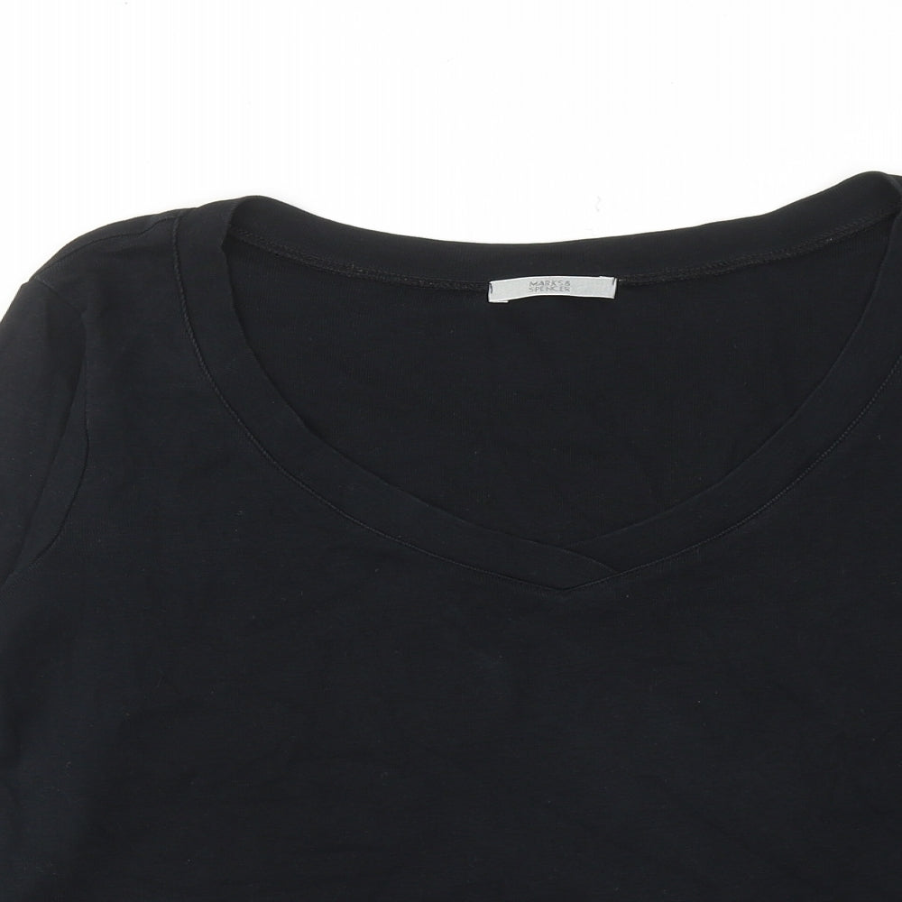Marks and Spencer Womens Black Cotton Basic T-Shirt Size 18 V-Neck