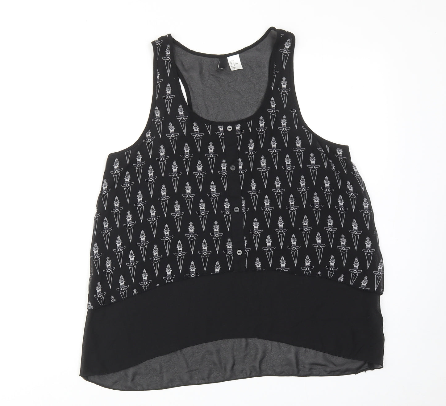 H&M Womens Black Geometric Polyester Basic Tank Size 12 Scoop Neck